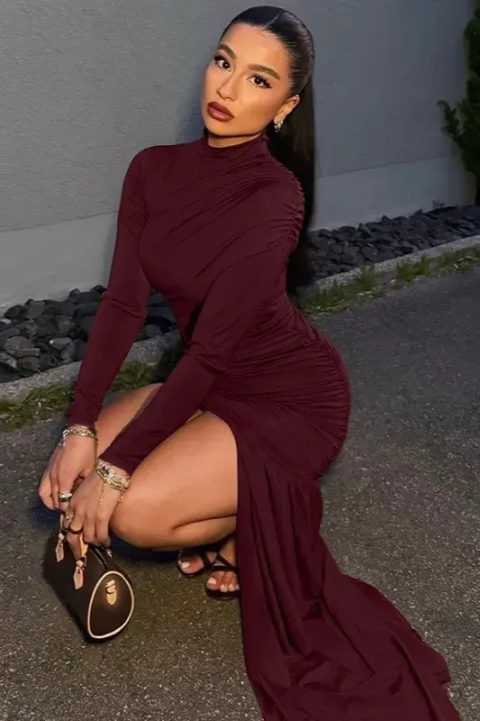 Wine Ruched High Neck Maxi Dress - Image 1