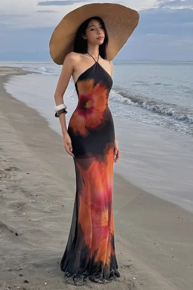 Black Floral Halter Maxi Dress - Image 1
