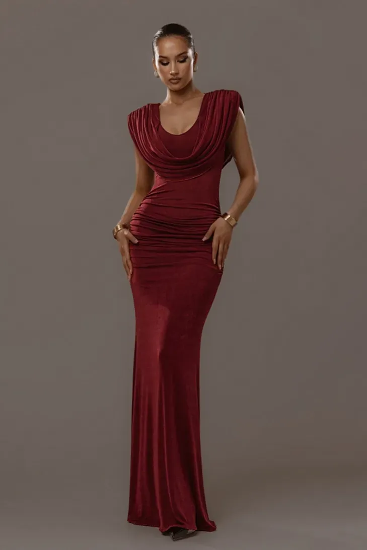 Maroon Ruched Cowl Neck Maxi Dress