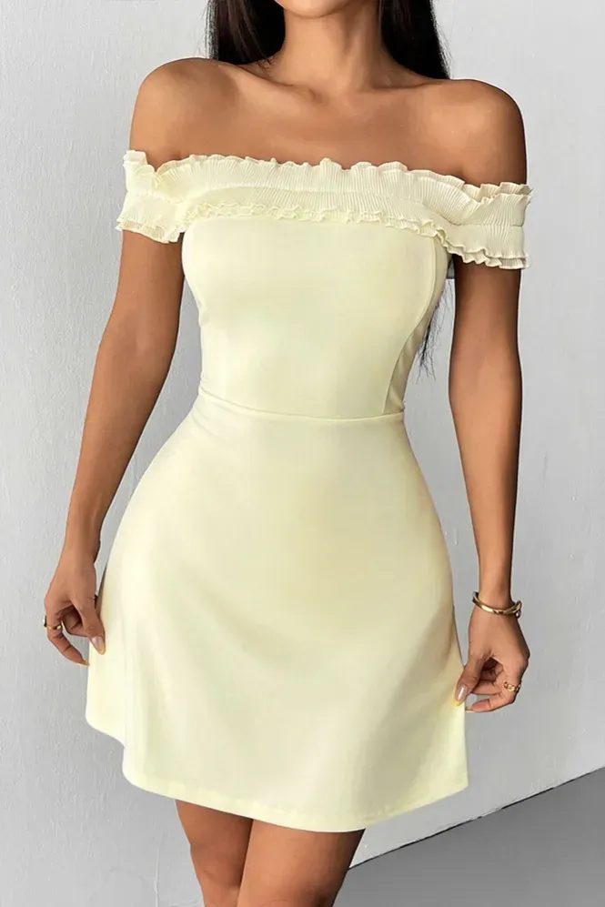 Light Yellow Off Shoulder Ruffle Mini Dress - Image 1