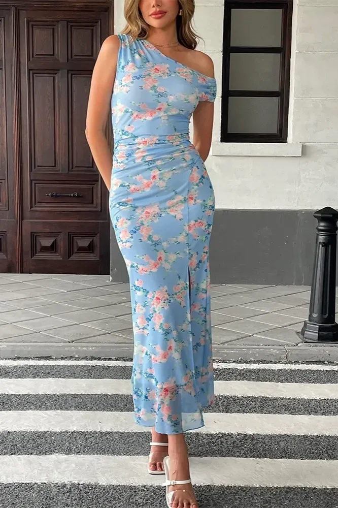 Light Blue Floral One-Shoulder Maxi Dress - Image 1