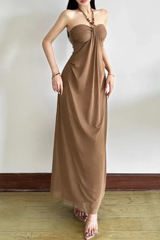 Brown Draped Halter Maxi Dress - Image 1