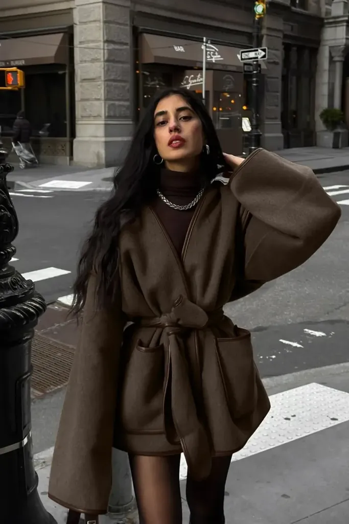 Dark Brown Oversized Wrap Coat - Image 1