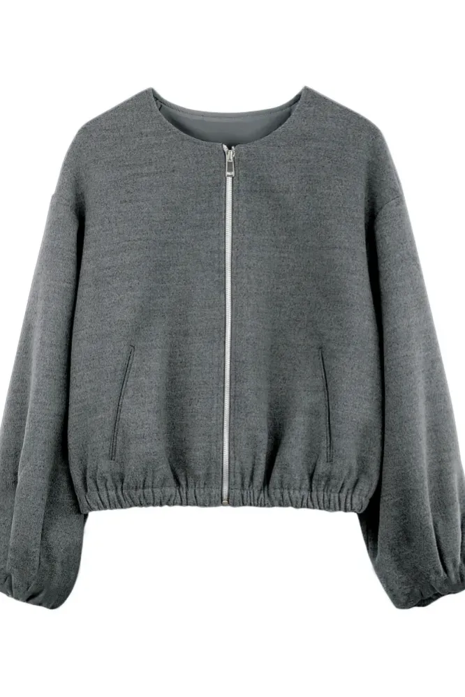 Grey Solid Zipper Jacket - Image 1