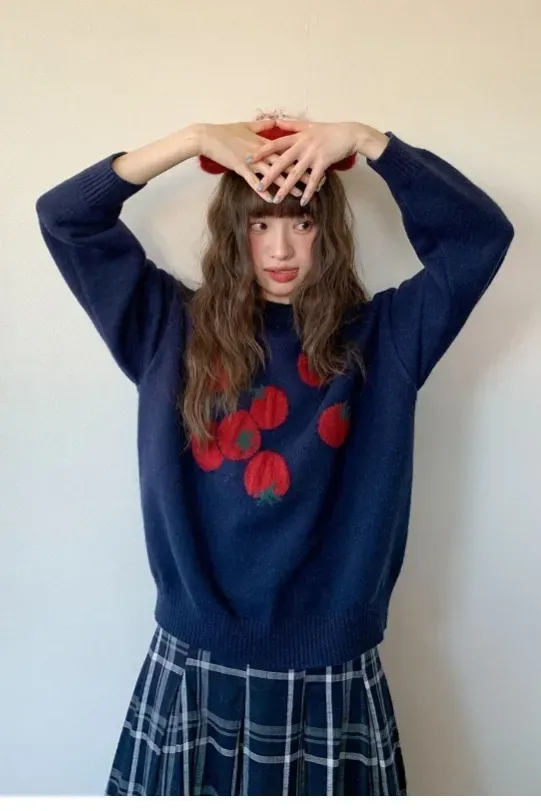 Dark Blue Fruit Print Crew Neck Sweater - Image 1