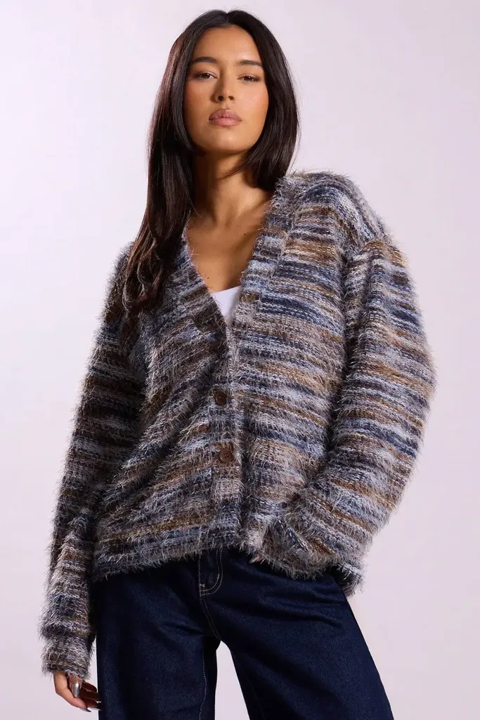 Grey Striped Button Down Cardigan - Image 1