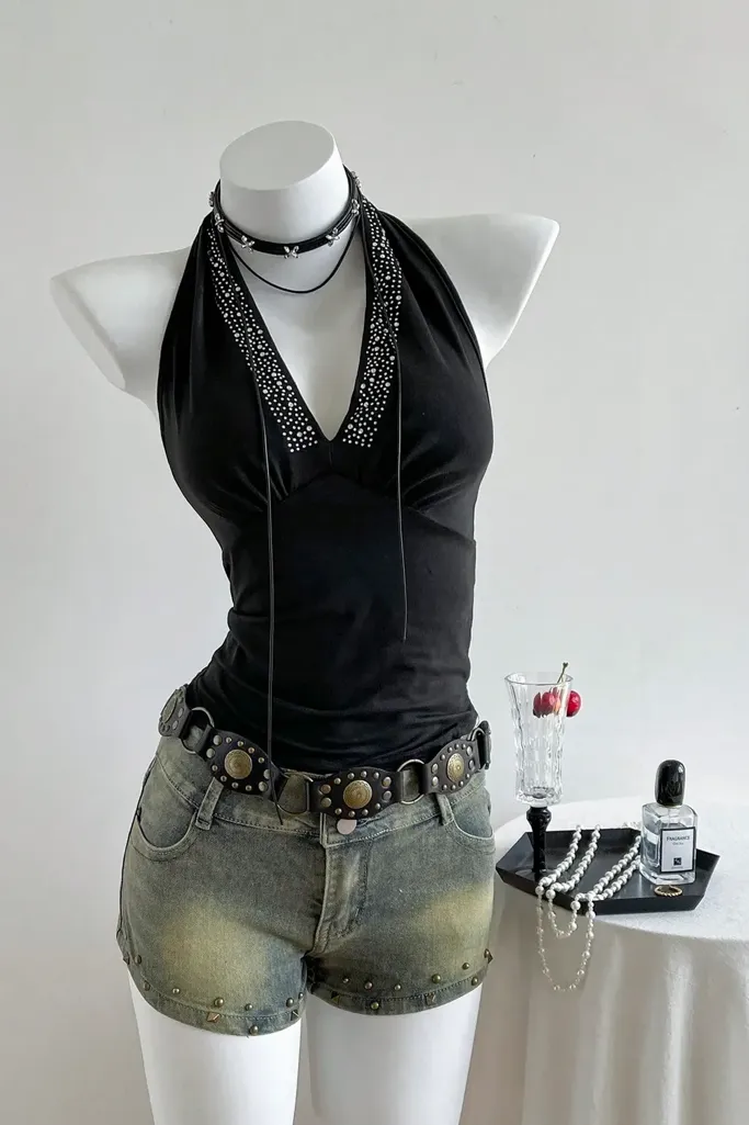Black Studded Halter Neck Top - Image 1