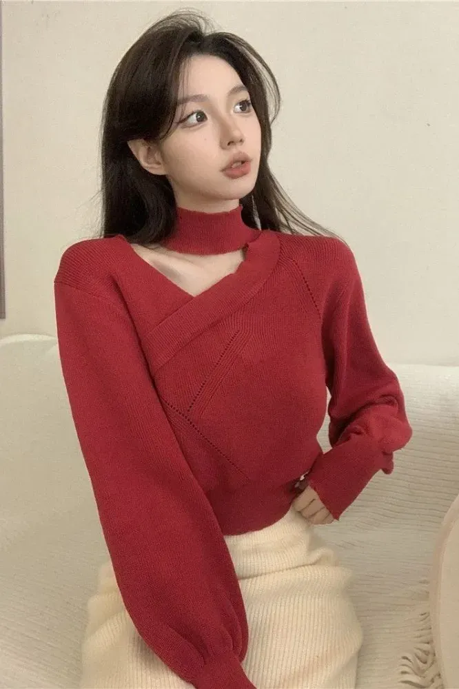 Red Solid Choker Cut-Out Sweater - Image 1