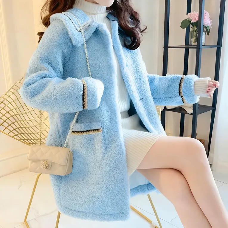 Light Blue Lapel Collar Fur Coat - Image 1
