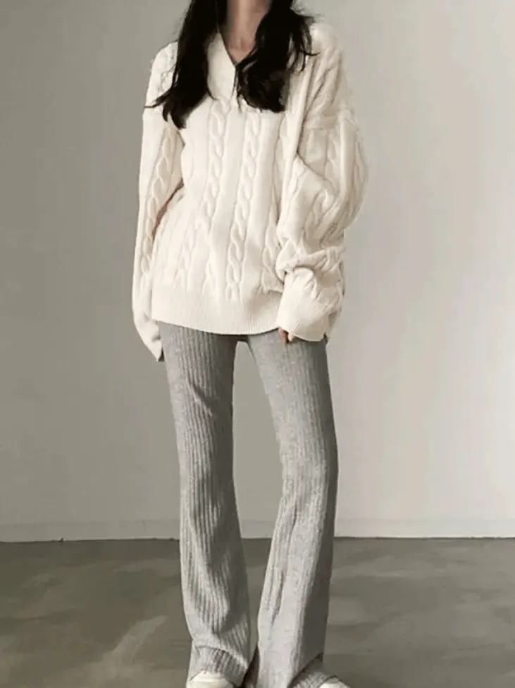 Cream Oversized V-Neck Sweater - Image 1