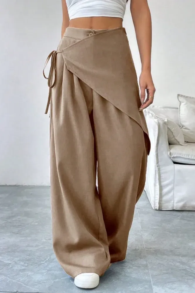 Khaki Solid Wrap Mid Rise Pants
