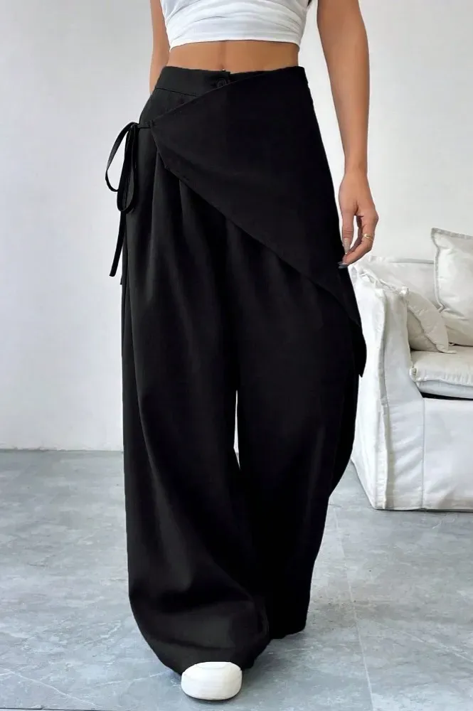 Black Solid Wrap Mid Rise Pants - Image 1