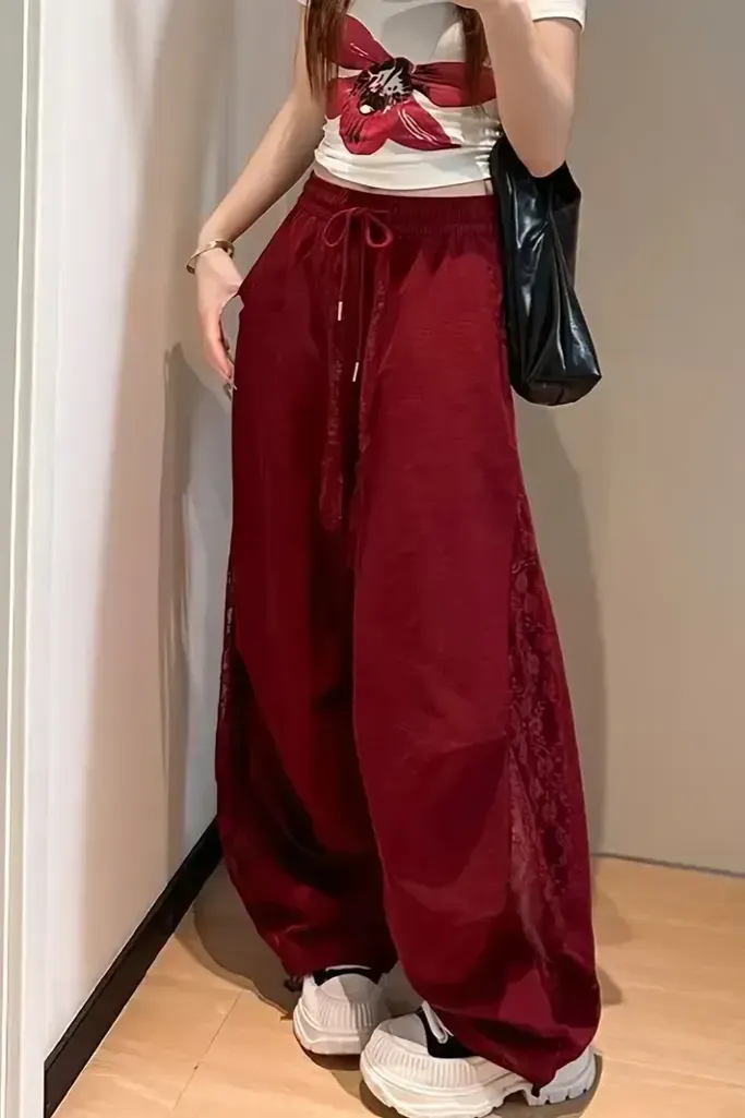 Red Solid Mid Rise Lace Insert Pants - Image 1