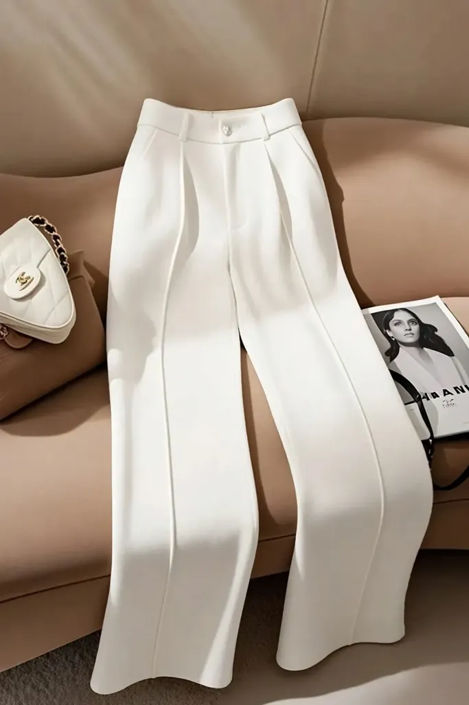 Off White Pleated Wide Leg Formal Pants - Image 1