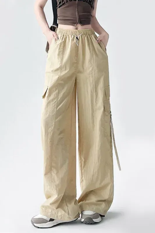 Khaki Solid Mid Rise Cargo Pants - Image 1