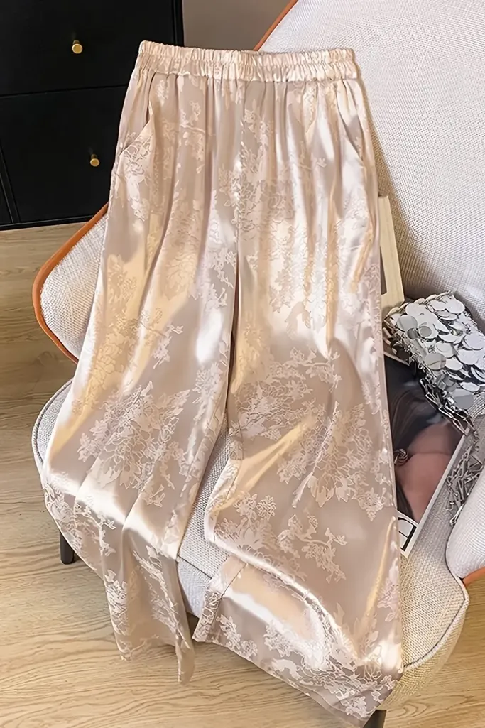 Beige Floral Wide Leg Pants - Image 1