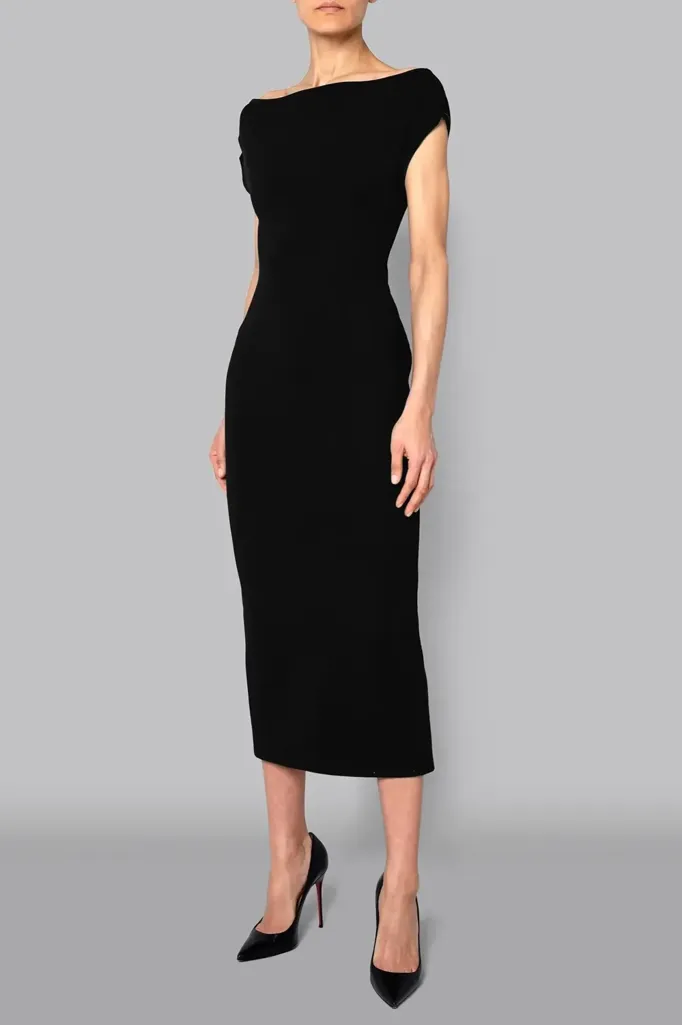Black Boat Neck Bodycon Midi Dress - Image 1