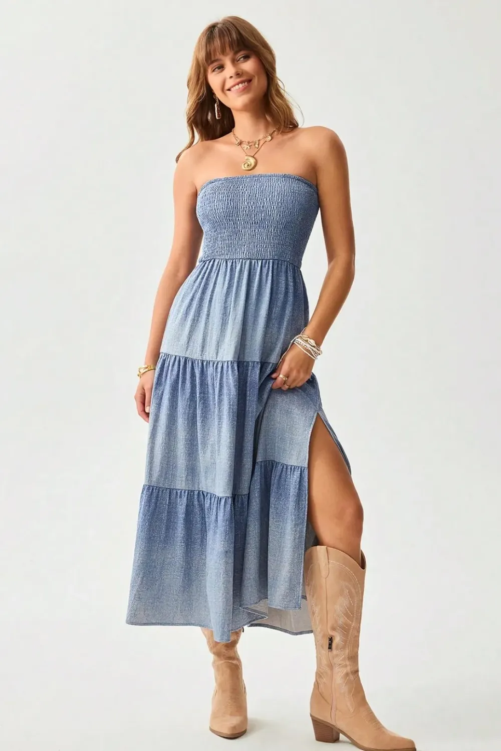 Blue Smocked Tube Midi Denim Dress