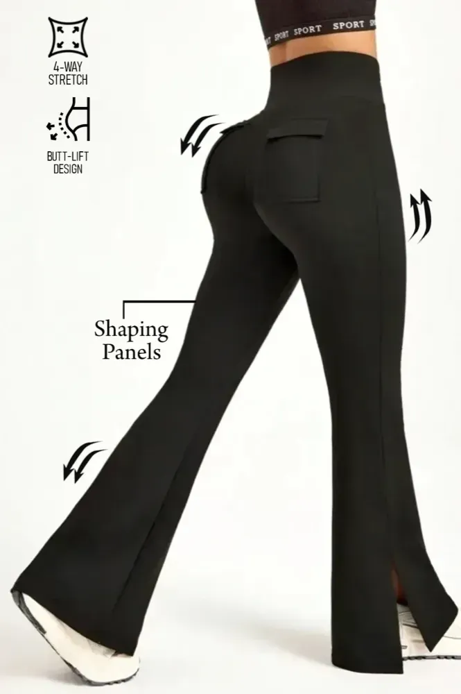 Black Solid High Rise Slit Leggings - Image 1
