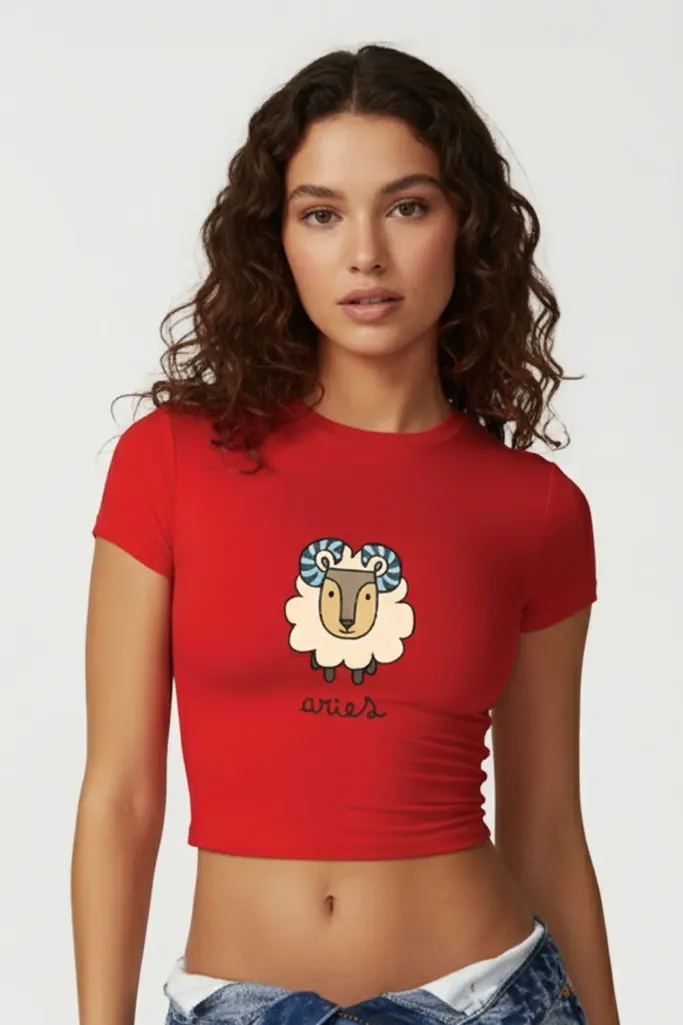 Red Graphic Crew Neck Crop T-Shirt - Image 1