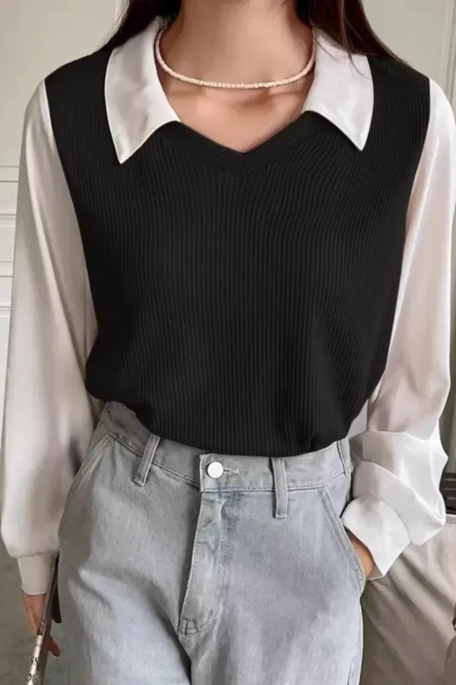 Black Shirt Collar Pullover Sweater - Image 1