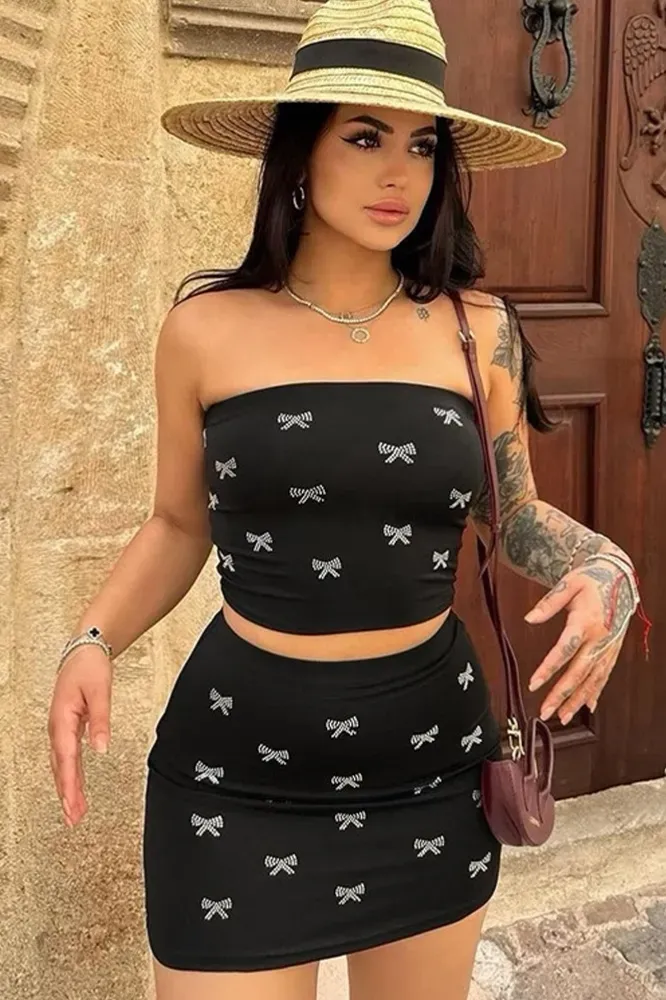 Black Bow Print Tube Neck Co-Ord Set - Image 1