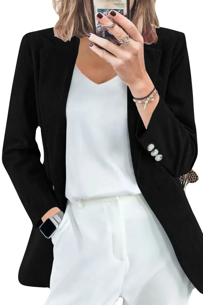 Black Solid Lapel Collar Blazer - Image 1