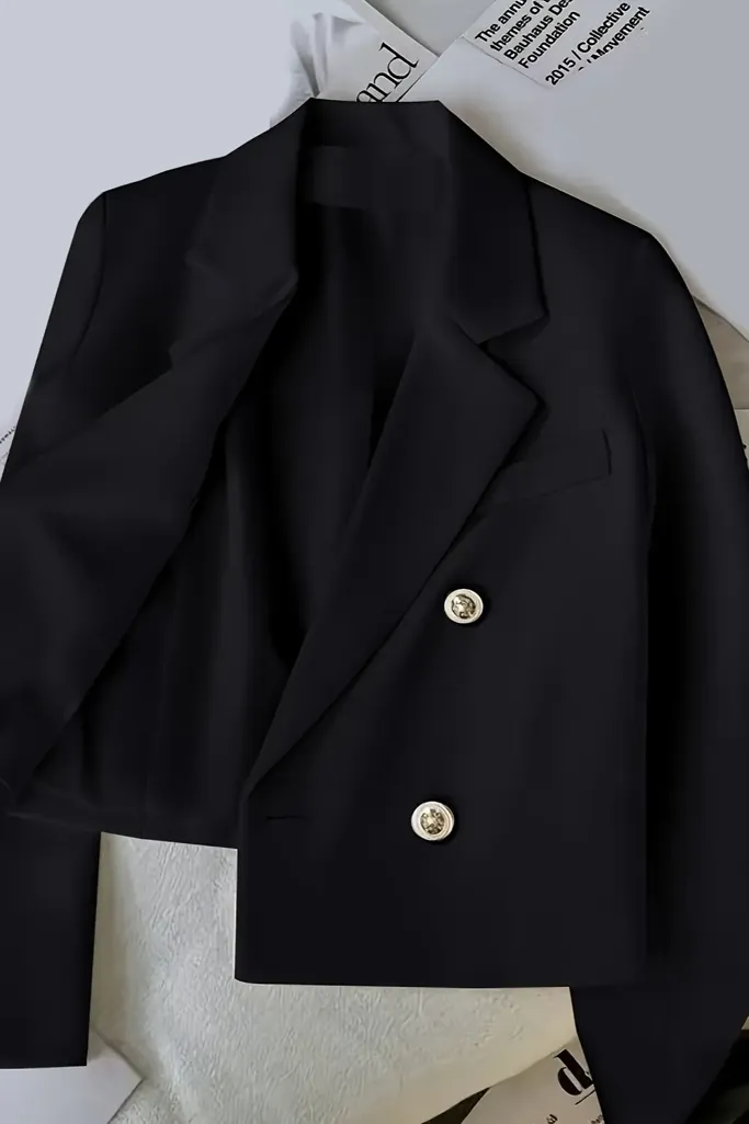 Black Solid Lapel Collar Crop Blazer - Image 1