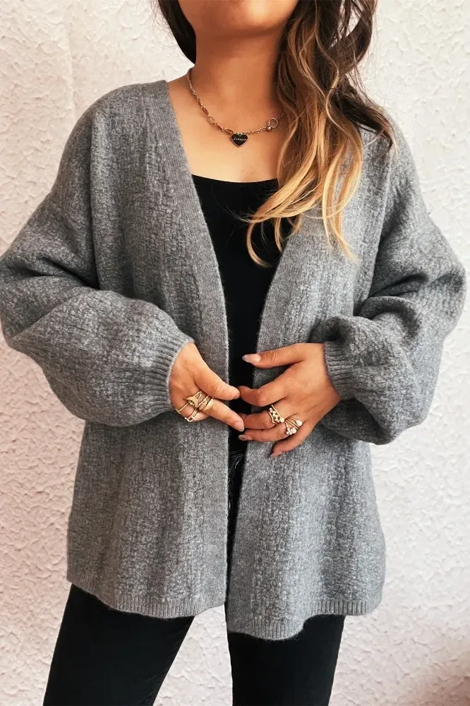Grey V-Neck Open Front Cardigan - Image 1