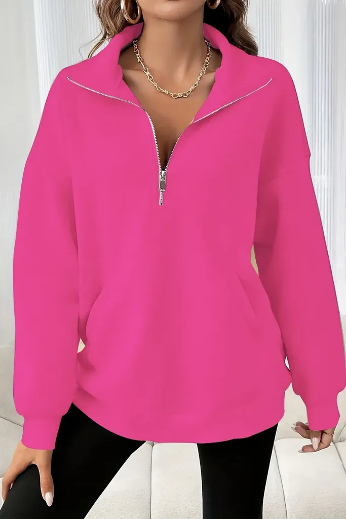 Pink Solid Zip Collar Sweatshirt - Image 1