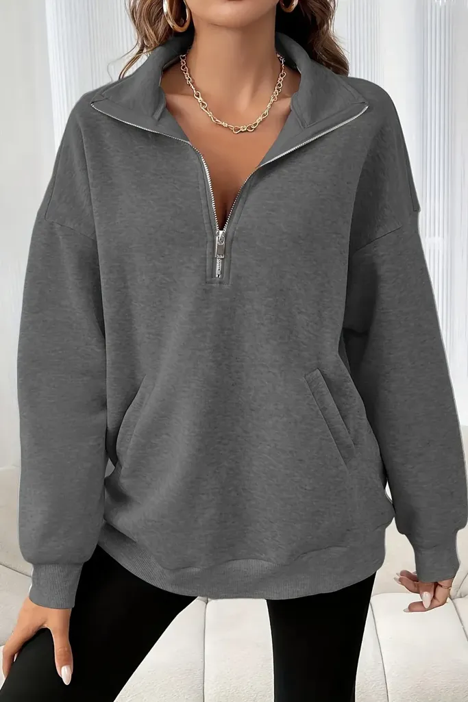 Grey Solid Zip Collar Sweatshirt - Image 1