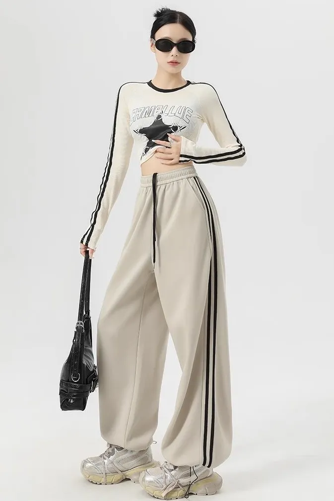 Beige Stripes High Rise Trackpants - Image 1