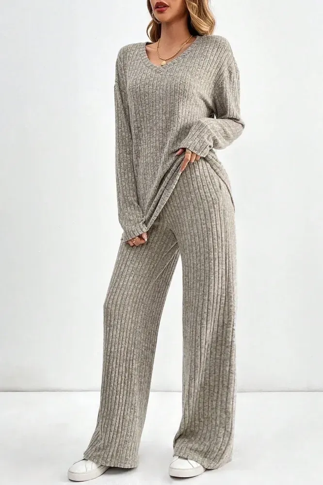 Beige Solid V-Neck Co-Ord Set - Image 1