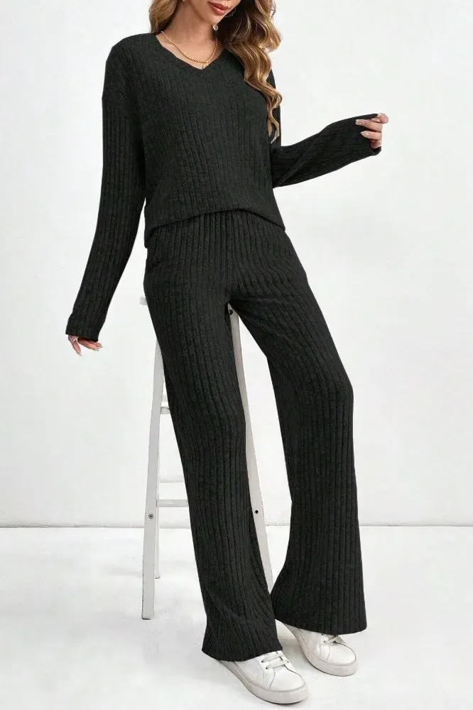 Black Solid V-Neck Co-Ord Set - Image 1