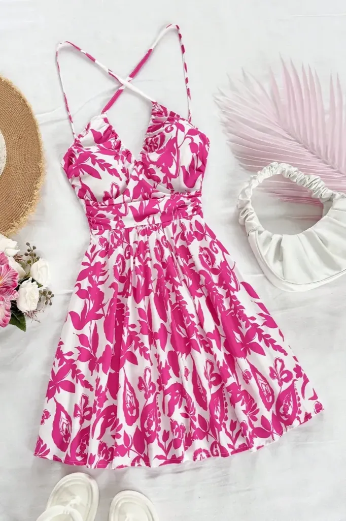Pink Floral Ruched Mini Dress - Image 1