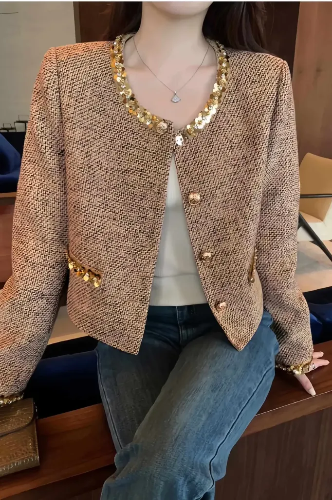 Light Brown Embellished Button Down Jacket - Image 1