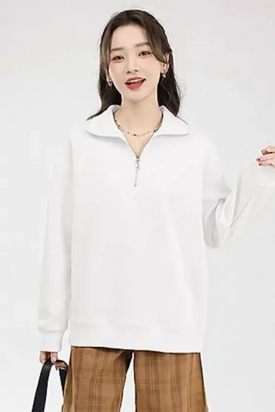 White Solid Half-Zip Sweatshirt - Image 1