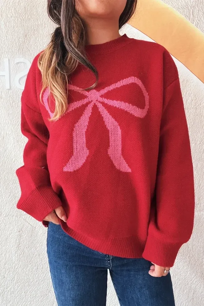 Red Bow Print Crew Neck Sweater - Image 1