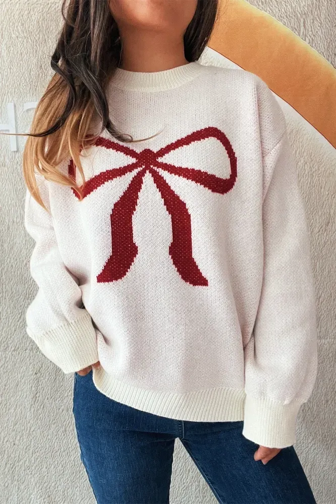White Bow Print Crew Neck Sweater - Image 1