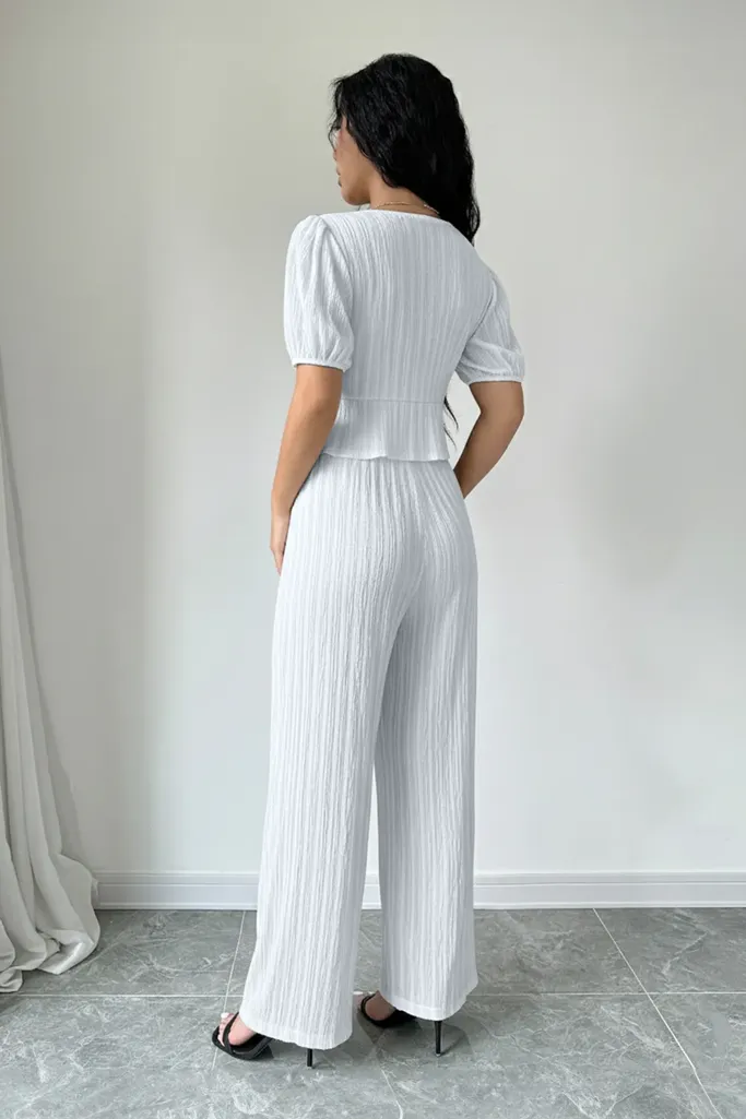 White Textured V-Neck Tie-Up Co-Ord Set - Image 1