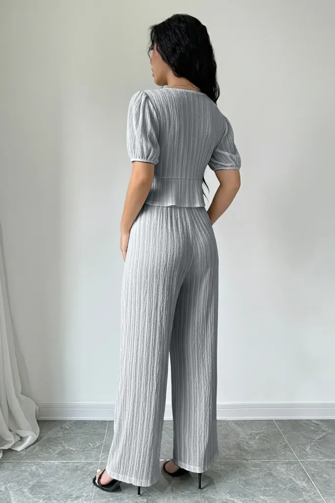 Grey Textured V-Neck Tie-Up Co-Ord Set - Image 1