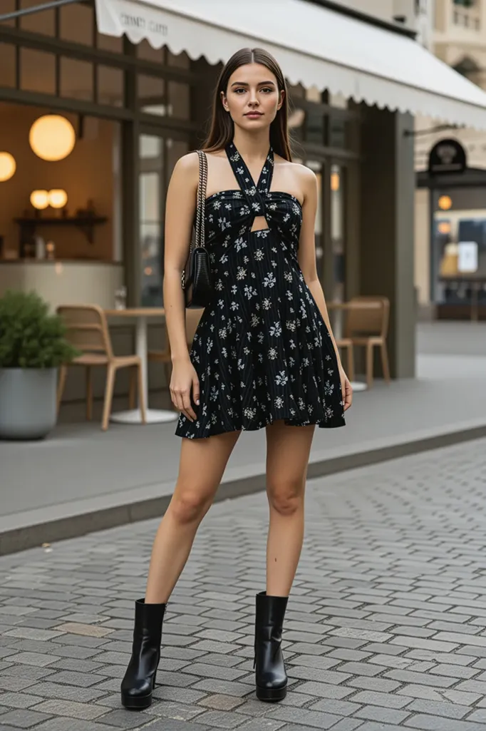 Black Ditsy Halter Neck Mini Dress - Image 1
