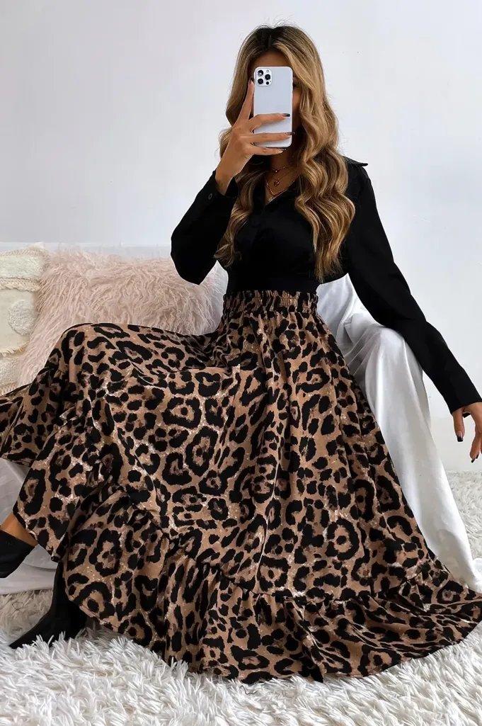 Black Tiered Leopard Midi Skirt - Image 1