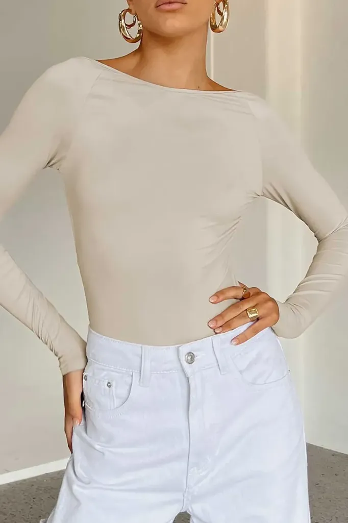 Cream Boat Neck Backless Bodysuit - Image 1