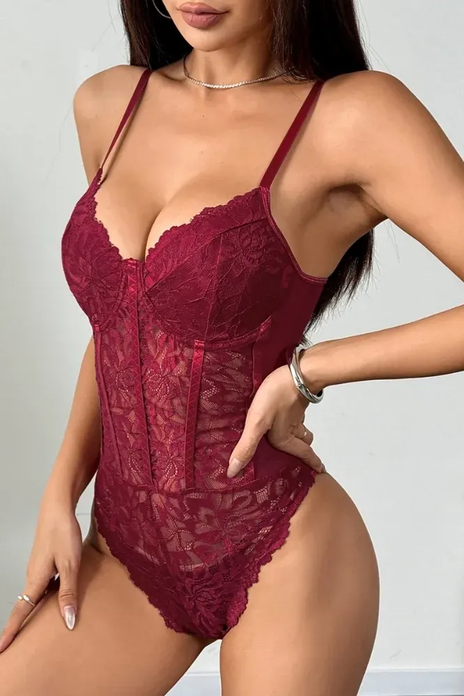 Wine Sweetheart Lace Insert Bodysuit - Image 1