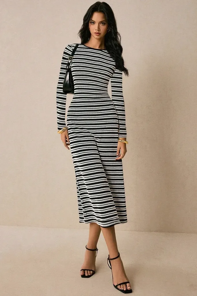 Black Striped Bodycon Midi Dress - Image 1