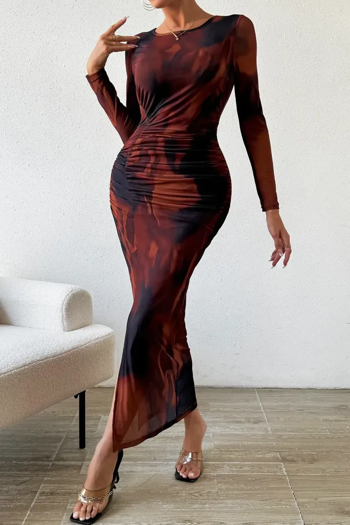 Brown Abstract Bodycon Ruched Maxi Dress - Image 1