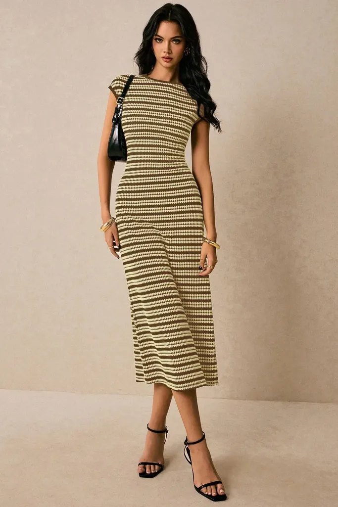 Brown Striped Crew Neck Midi Dress - Image 1