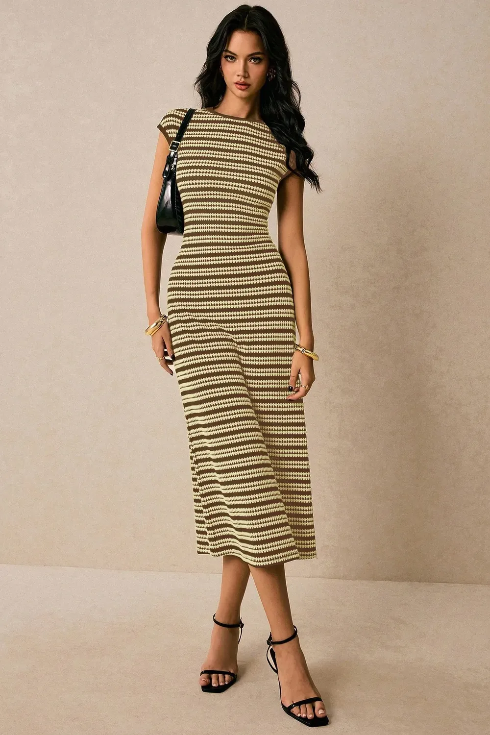 Brown Striped Crew Neck Midi Dress
