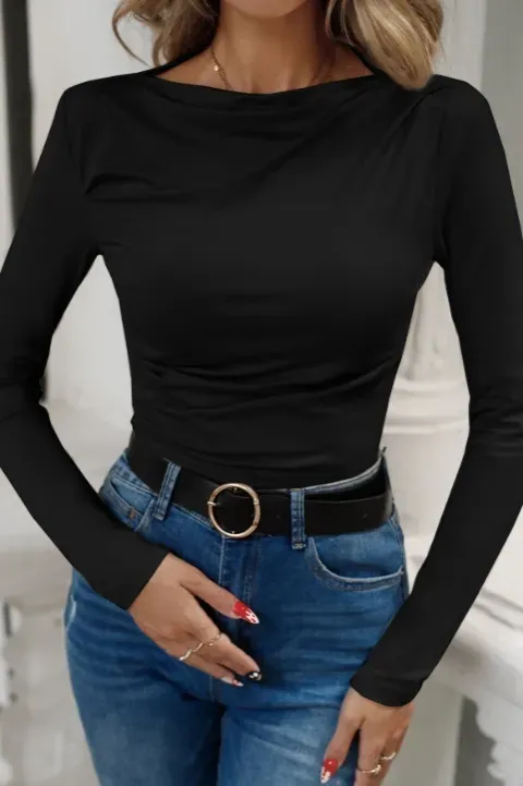 Black Ruched Boat Neck Top - Image 1